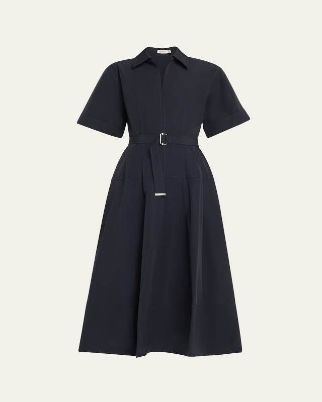 Deanna Belted Poplin Short-Sleeve Midi Shirtdress